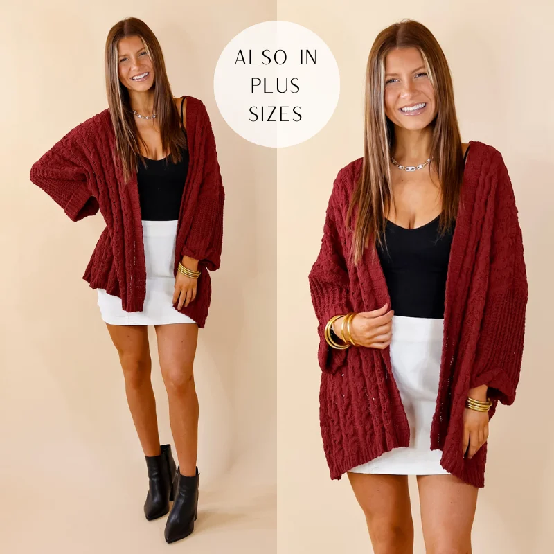 On My Level Chenille Cable Knit Open Front Cardigan in Maroon