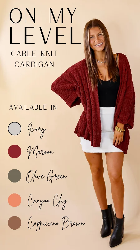 On My Level Chenille Cable Knit Open Front Cardigan in Maroon