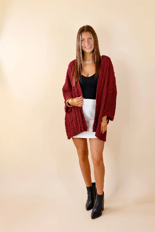 On My Level Chenille Cable Knit Open Front Cardigan in Maroon