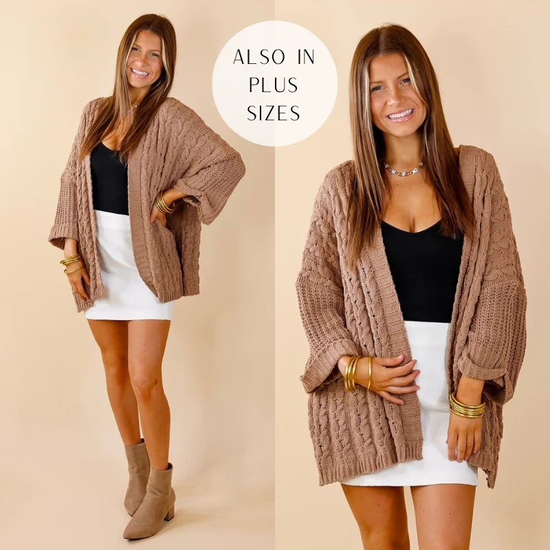 On My Level Chenille Cable Knit Open Front Cardigan in Cappuccino Brown