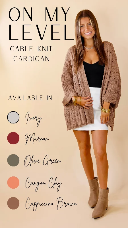 On My Level Chenille Cable Knit Open Front Cardigan in Cappuccino Brown