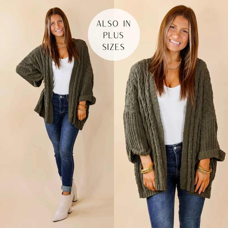 On My Level Chenille Cable Knit Open Front Cardigan in Olive Green