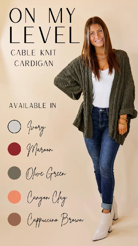 On My Level Chenille Cable Knit Open Front Cardigan in Olive Green