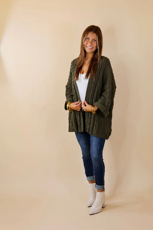 On My Level Chenille Cable Knit Open Front Cardigan in Olive Green