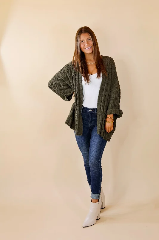 On My Level Chenille Cable Knit Open Front Cardigan in Olive Green