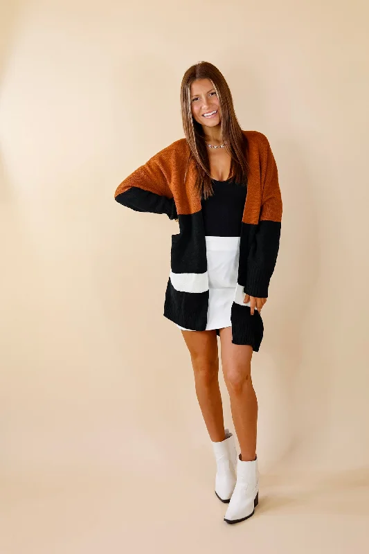 Bonfire Date Color Block Cardigan in Rust Brown