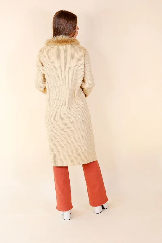 Romantic Allure Sweater Cardigan with Faux Fur Collar in Beige