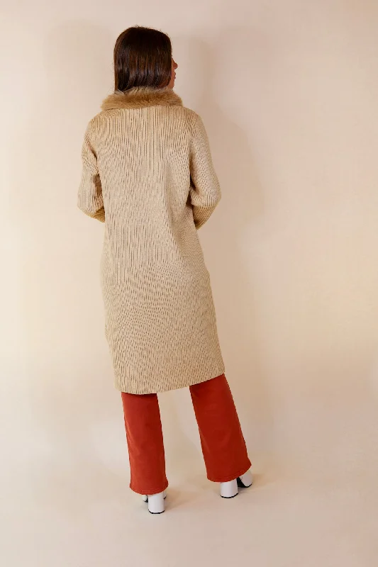 Romantic Allure Sweater Cardigan with Faux Fur Collar in Beige