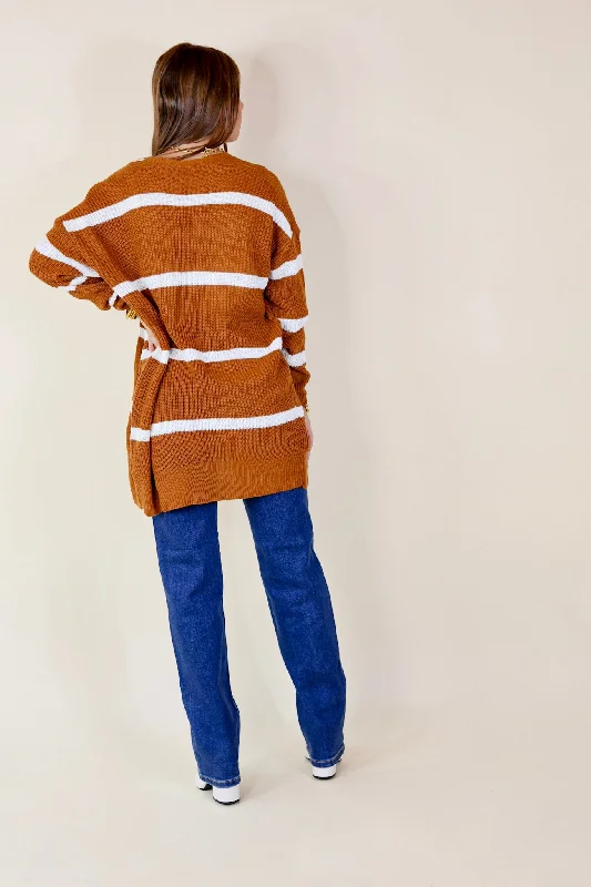 Time For Cozy Striped Long Sleeve Cardigan in Rust