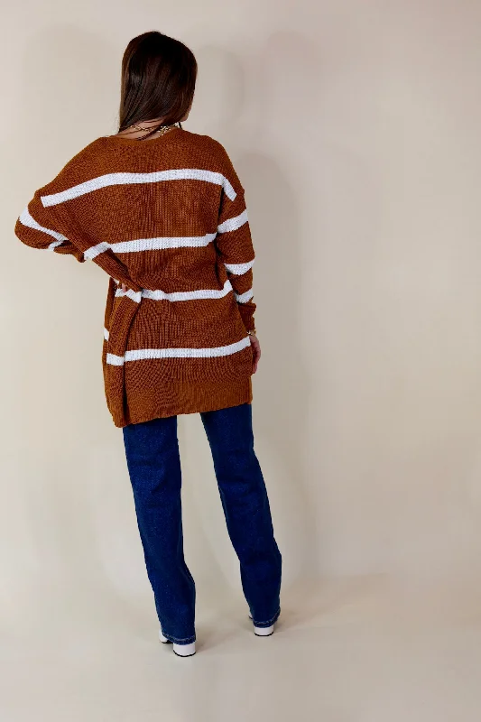 Time For Cozy Striped Long Sleeve Cardigan in Rust