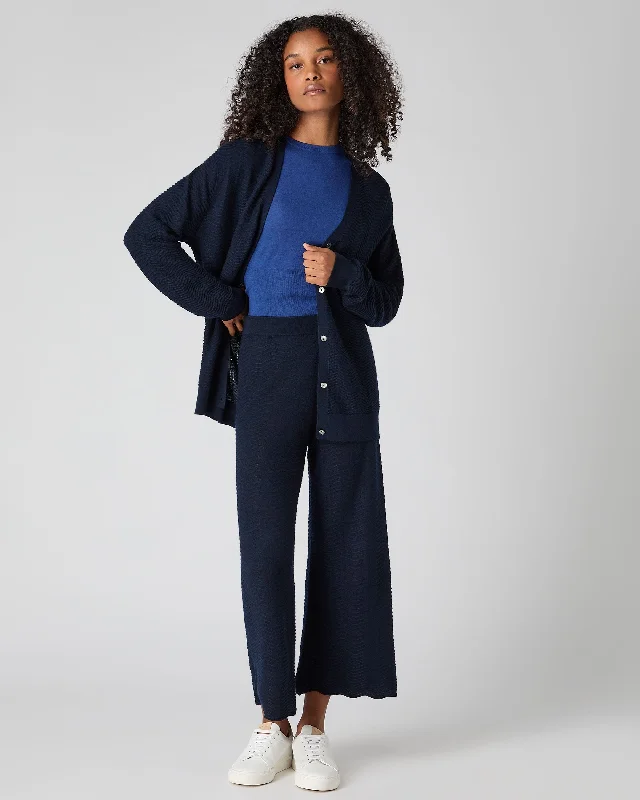 Women's Wave Stitch Cashmere Silk Cardigan Navy Blue