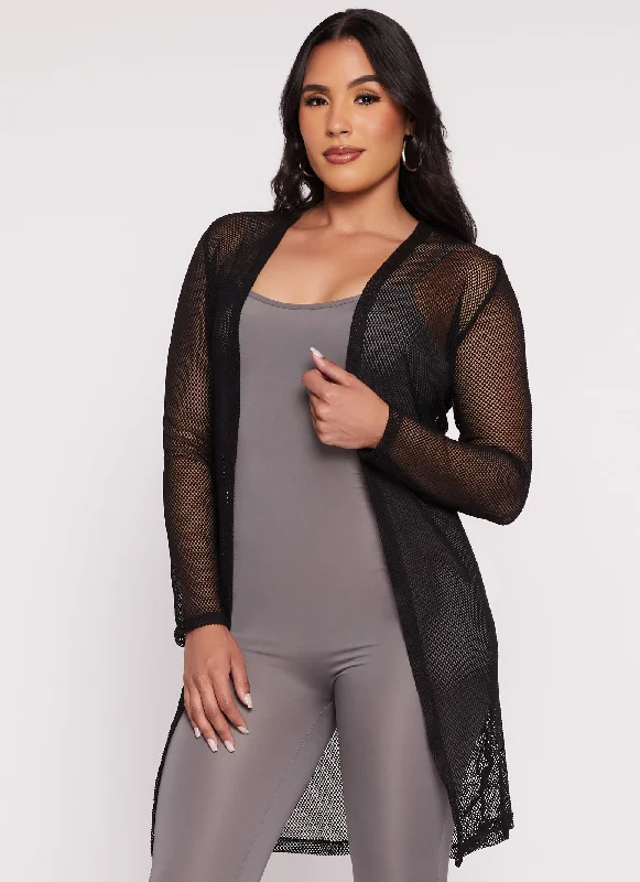 Fishnet Open Front Long Sleeve Duster