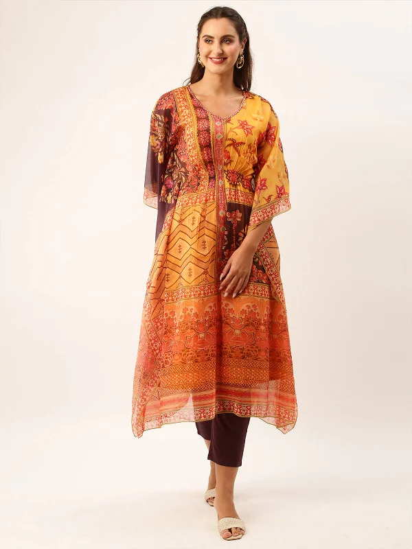 Odette Chiffon All Over Mixed Prints Mustard Loose Fit Kaftan Stitched Set For Women With Inner