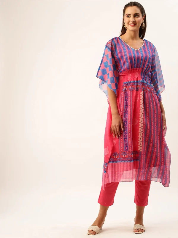 Odette Chiffon All Over Mixed Prints Pink Loose Fit Kaftan Stitched Set For Women With Inner