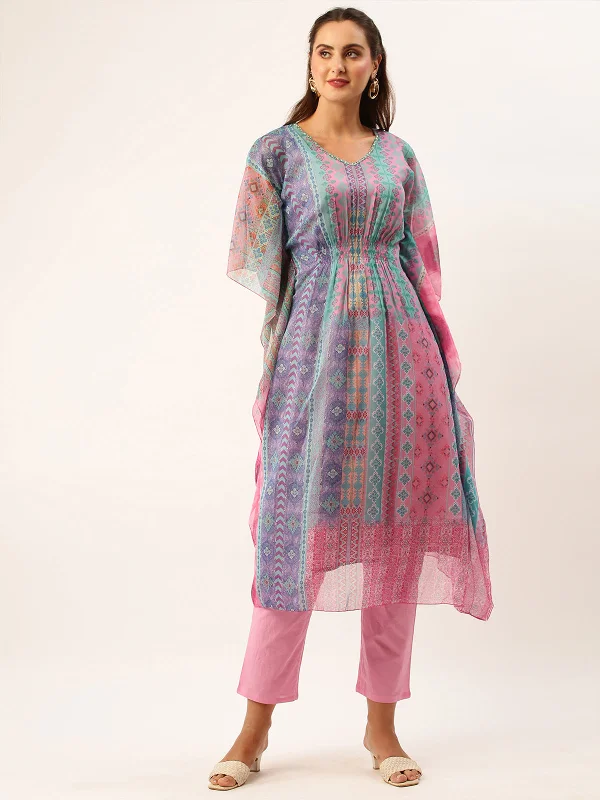 Odette Chiffon All Over Prints Pink Loose Fit Kaftan Stitched Set For Women With Inner