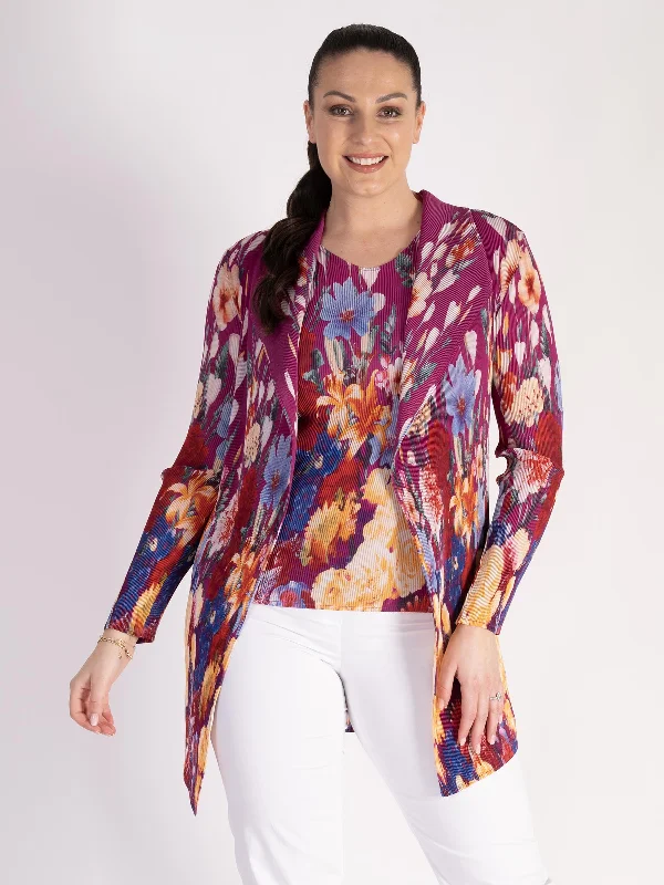 Fuchsia Border Print Pleated Shrug