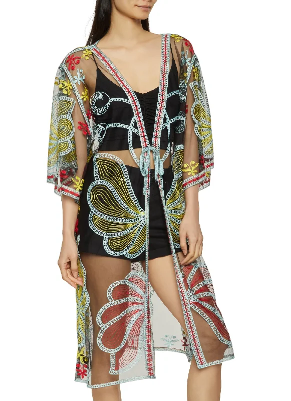 Floral Embroidered Tie Front Kimono