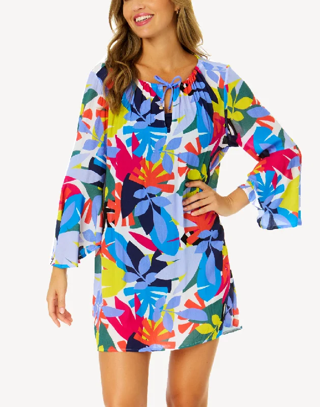 Tropic Stamp Bell Sleeve V Neck Tunic Cover Up