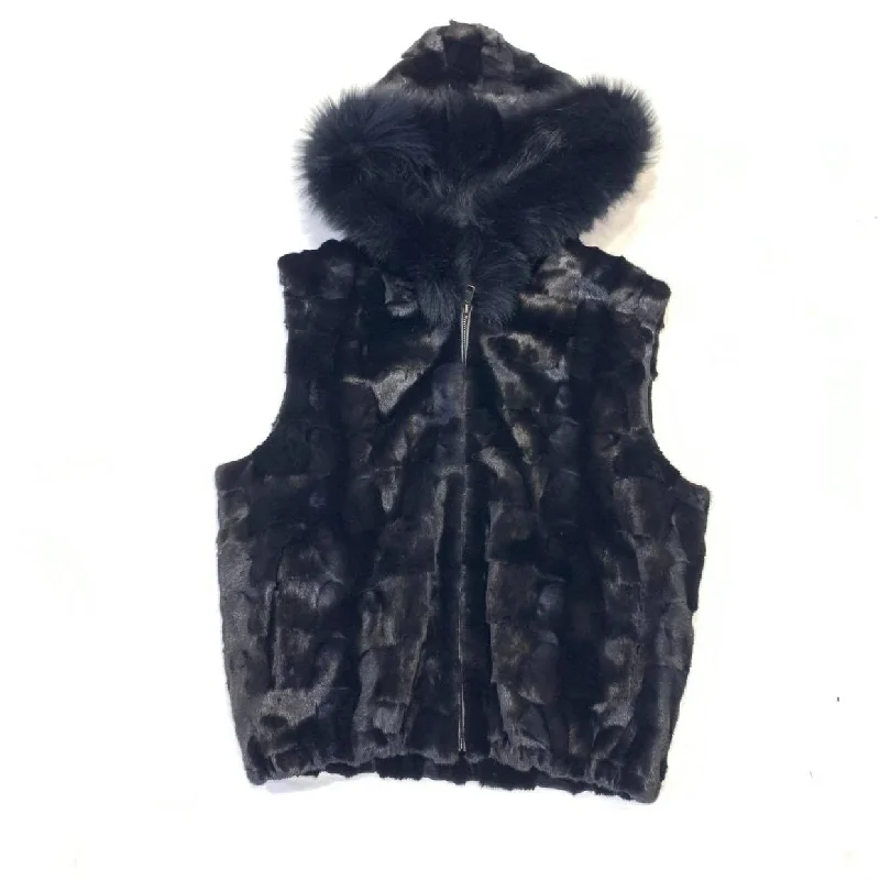 Kashani Black Mink Diamond Cut Fox Fur Hooded Vest