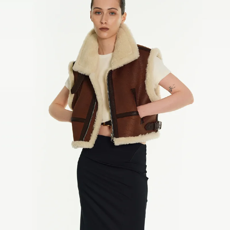 New Shearling Sheepskin Brown Aviator Leather Vest For Women