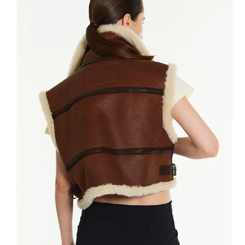 New Shearling Sheepskin Brown Aviator Leather Vest For Women