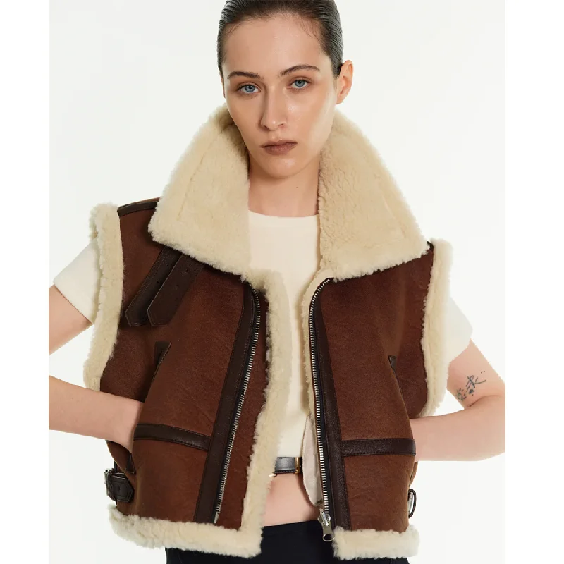 New Shearling Sheepskin Brown Aviator Leather Vest For Women