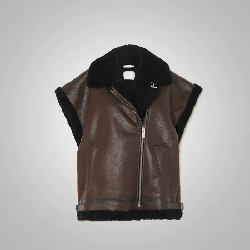 New Sheepskin Dark Brown Leather Black Shearling Vest For Women's