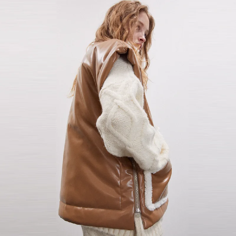 New Brown Women Sheepskin  Aviator Leather Vest