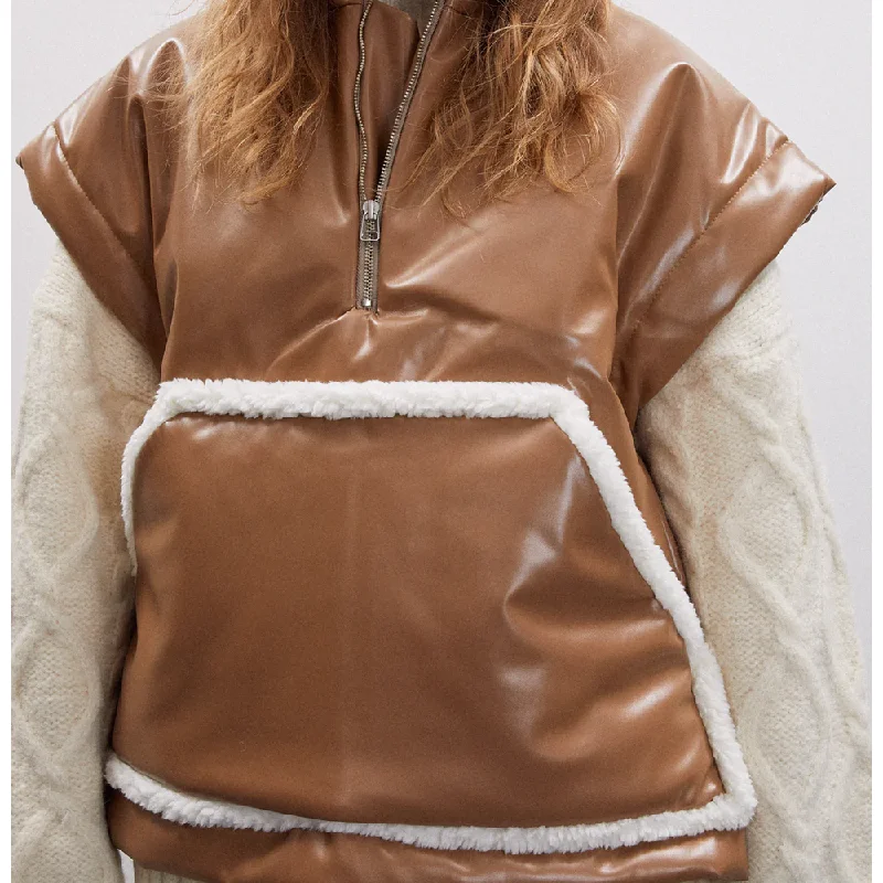 New Brown Women Sheepskin  Aviator Leather Vest