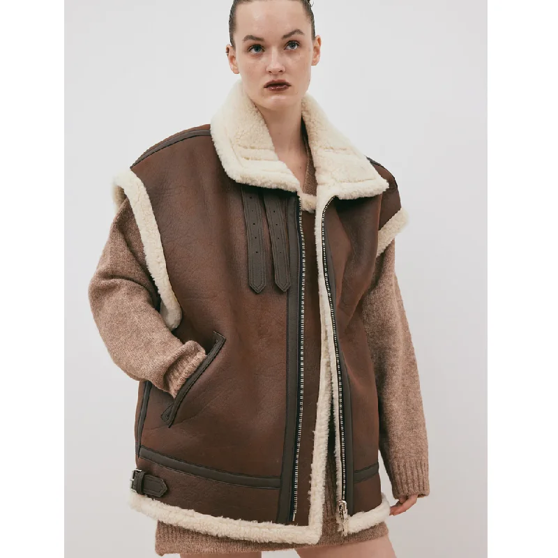 New Women Chocolate Brown Aviator Shearling Leather Vest