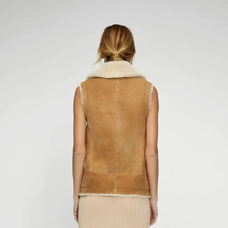 New Women Sheepskin Shearling Brown Leather Vest