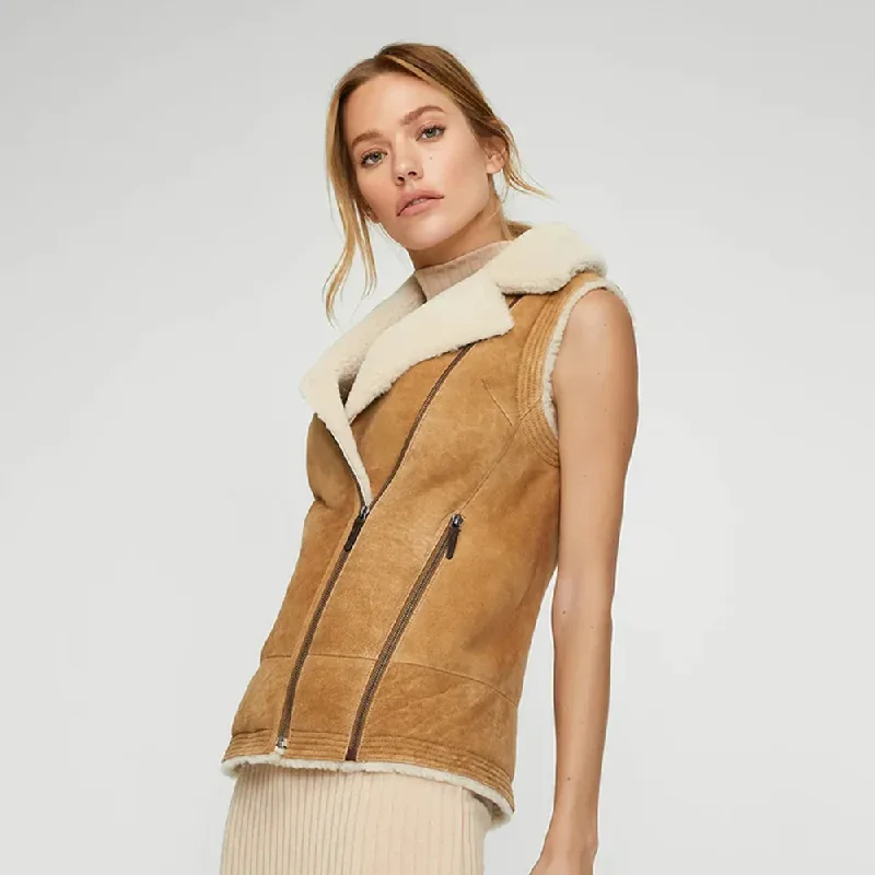 New Women Sheepskin Shearling Brown Leather Vest