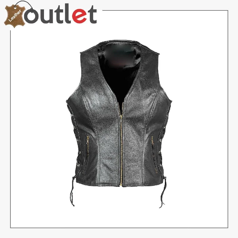 New Women's Ladies Classic Motorcycle Biker Real Cowhide Leather Waistcoat