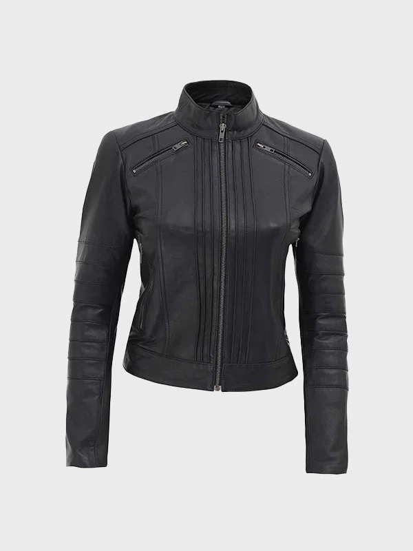 Bergamo Women Black Slim Fit Genuine Leather Jacket