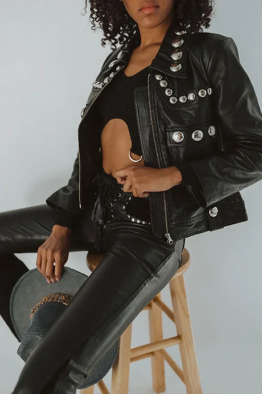 Black Women Punk Silver Spiked Studded Biker Leather Jacket