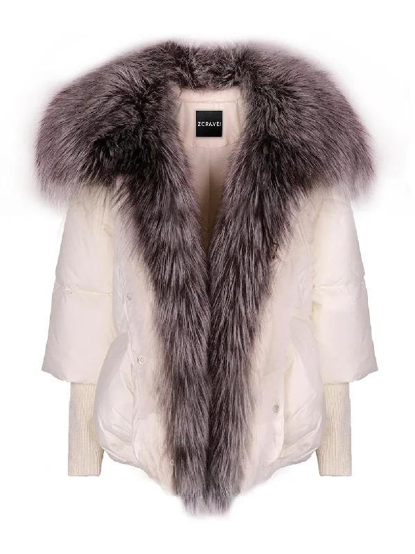 Fur Trim Puffer Jacket in Cream & Gray