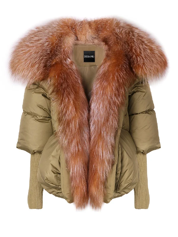 Fur Trim Puffer Jacket in Khaki & Brown