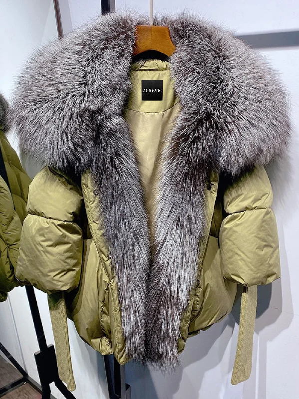 Fur Trim Puffer Jacket in Khaki & Gray