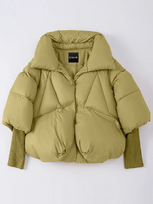 Fur Trim Puffer Jacket in Khaki & White