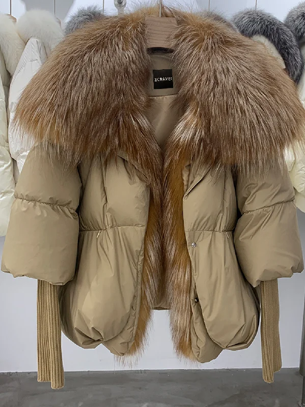 Fur Trim Puffer Jacket in Tan