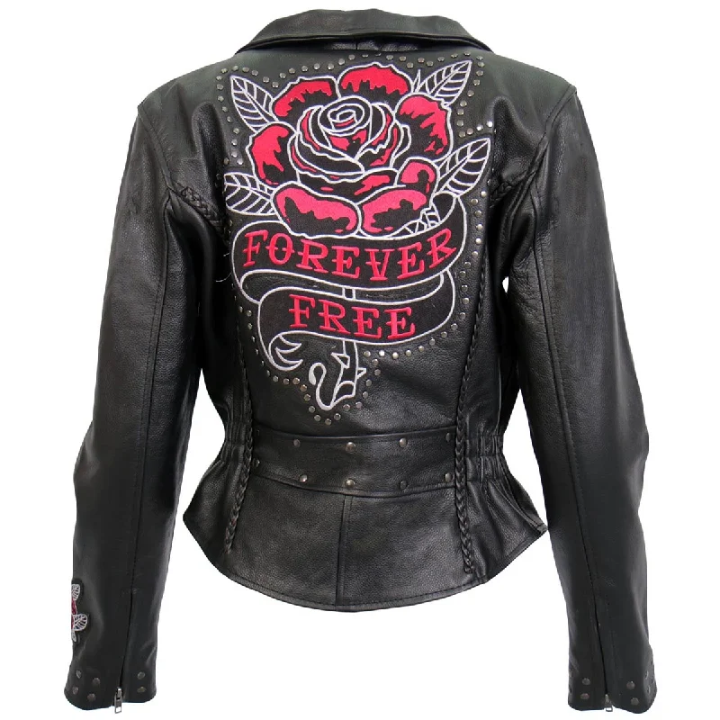 Hot Leathers JKL2001 Women's Black 'Embroidered Bling Rose Design'