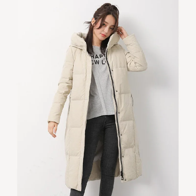 New beige white down jacket woman Loose fitting hooded snow jackets side open Jackets