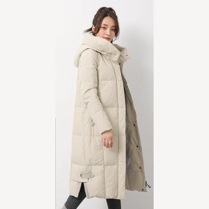 New beige white down jacket woman Loose fitting hooded snow jackets side open Jackets