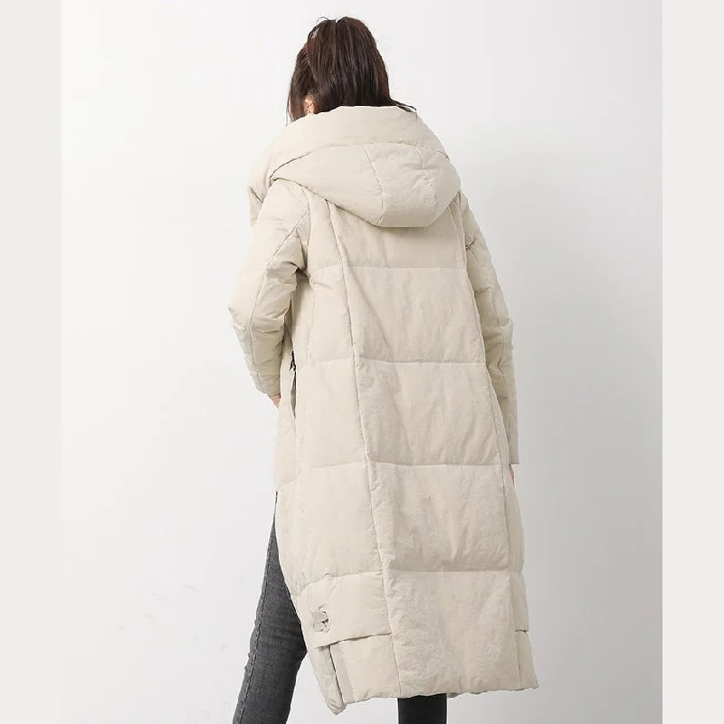 New beige white down jacket woman Loose fitting hooded snow jackets side open Jackets