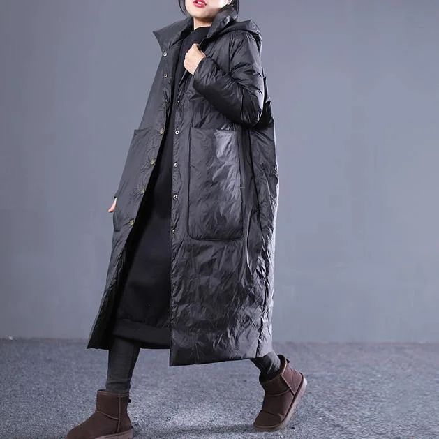 New black winter down coat plus size hooded quilted coat thick Large pockets down coats