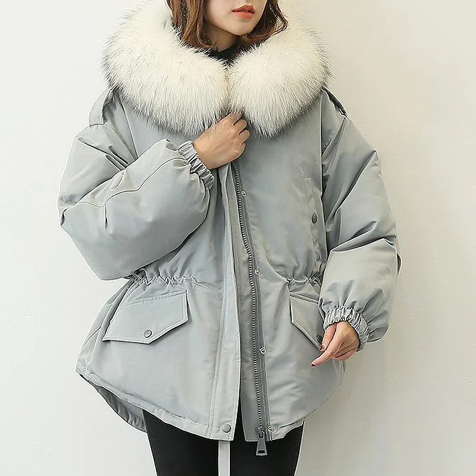 New gray blue down coat winter plus size faux fur collar snow jackets elastic waist winter outwear