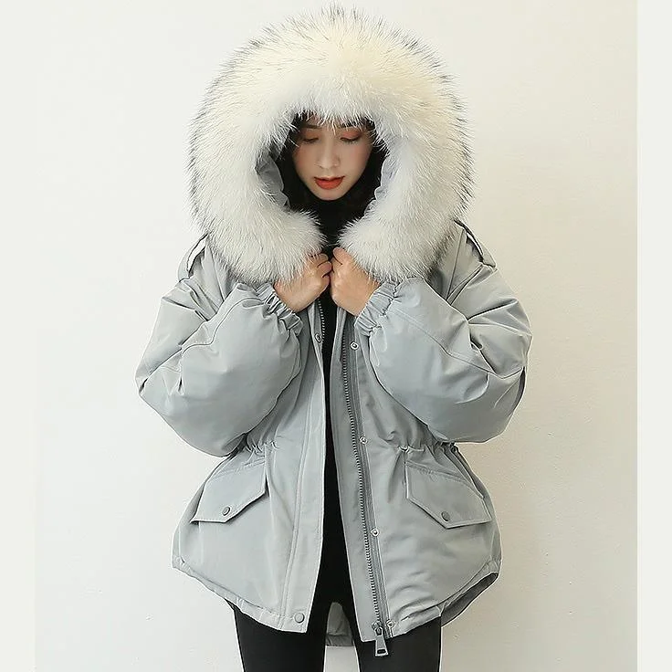 New gray blue down coat winter plus size faux fur collar snow jackets elastic waist winter outwear