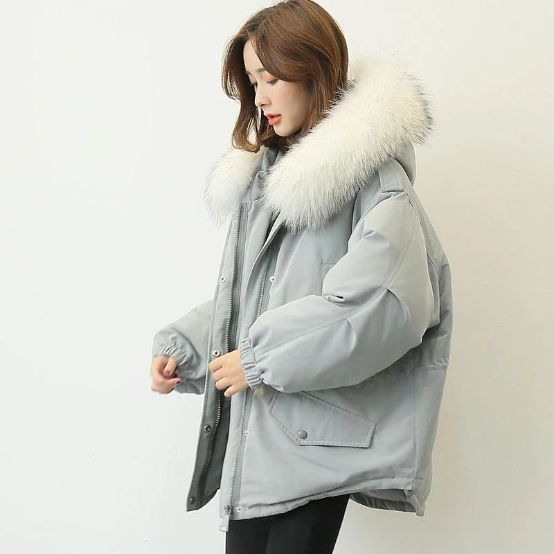 New gray blue down coat winter plus size faux fur collar snow jackets elastic waist winter outwear