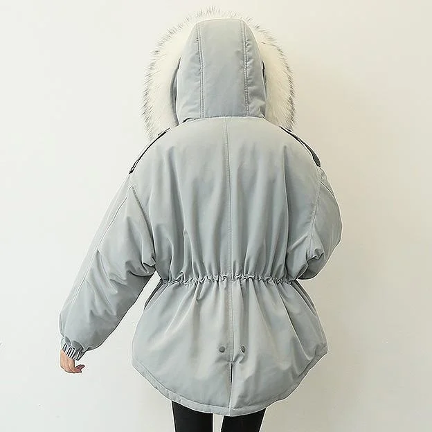 New gray blue down coat winter plus size faux fur collar snow jackets elastic waist winter outwear