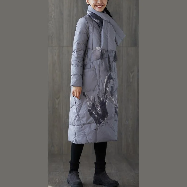 New gray print winter down coat oversized tassel New pockets down coat